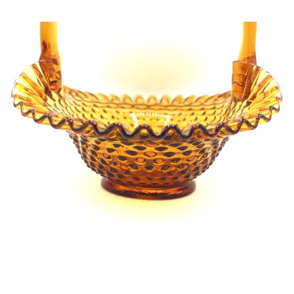 Vintage Large Fenton Amber Gold Glass Basket Ruffled Edge Hobnail Pattern 9" - Picture 6 of 8